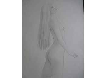 Full Body  Standing Long Haired  Female Nude  'MEG' Graphite Drawing 18x24'