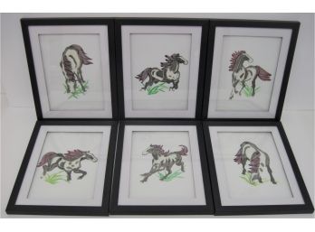 Nice Group Of 6 Vintage Chinese Watercolor Enhanced Framed Horse Paper Cut