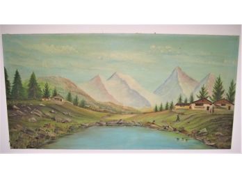 Vintage Folk Art Oil On Canvas Painting Bavarian Alps
