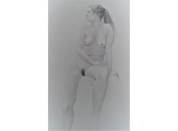 Full Body Seated   Female Nude With Ponytail  'CARMEN' Graphite Drawing 18x24'