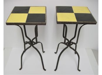 Vintage Pair Wrought Iron Tile Top Side Tables Or Stands