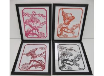 Nice Group Of 4 Vintage Chinese Cranes Herons Framed Paper Cuts