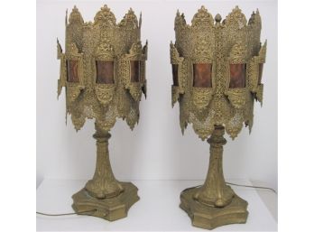 Spectacular Pair Hollywood Regency Pierced Brass & Amber Glass Ornate Lamps