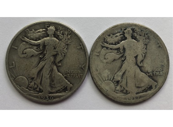 2 Walking Liberty Half Dollars Dated 1917, 1936
