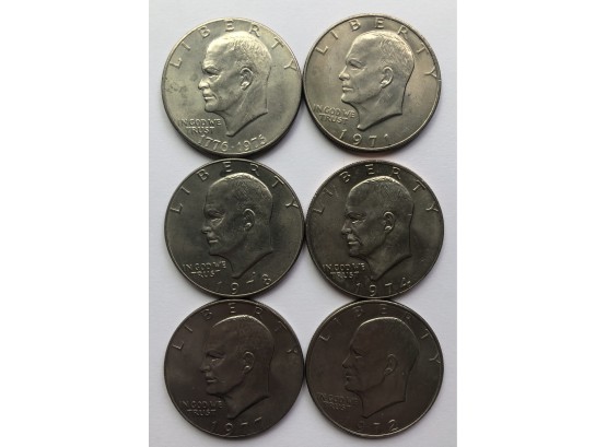 6 Ike Dollars Dated 1971, 1972 D, 1974, 1977, 1978, Bicentennial