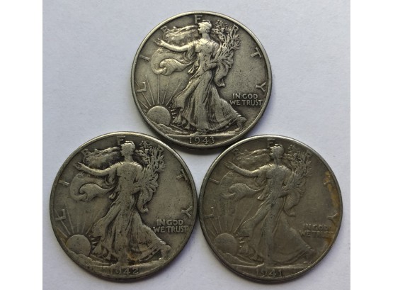 3 Walking Liberty Half Dollars With Consecutive Dates 1941, 1942, 1943