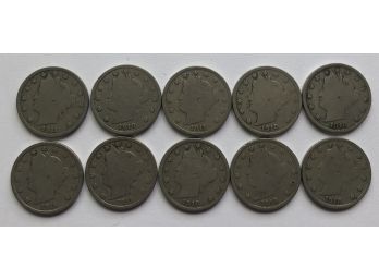 10 V Nickels Dated (6) 1910 And (4) 1911