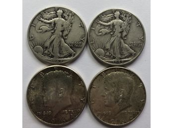 2 Walking Liberty Half Dollars Dated 1942, 1944 D And 2 1964 Kennedy Half Dollars