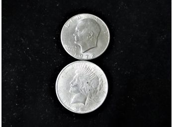 1922 P U.S. Peace Silver Dollar & 1972 Eisenhower Dollar