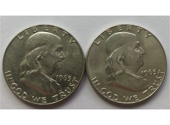 2 Franklin Silver Half Dollars Dated 1963, 1963 D (nice Coins)