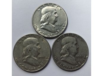 3 Franklin Half Dollars Dated 1951, 1951 D, 1951 S