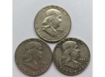 3 Franklin Half Dollars Dated 1951, 1952, 1958