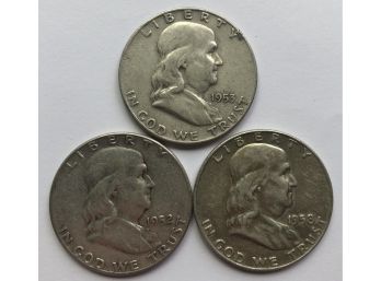 3 Franklin Half Dollars Dated 1952, 1953 D, 1958 D