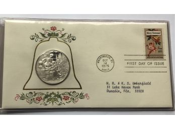 1975 .925 Silver Proof 1 Oz Commemorative Coin & First Day Christmas Stamp Issue