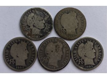 5 Barber Dimes Dated 1900 S, 1902 O, 1903, 1907, 1908