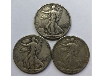 3 Walking Liberty Half Dollars With Consecutive Dates 1941, 1942, 1943