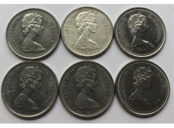 6 Canadian Silver Quarters (2) 1968, (2) 1969, (2) 1973