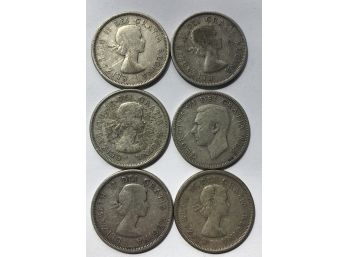 6 Canadian Silver Quarters Dated 1951, 1952, 1953, (2) 1957, 1963