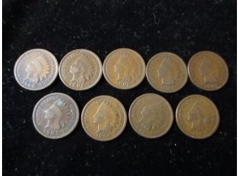 1900, '01, '02, '03, '04, '05, '06, '07, '08 U.S. Indian Head Pennies 9 Pennies, Lot 1