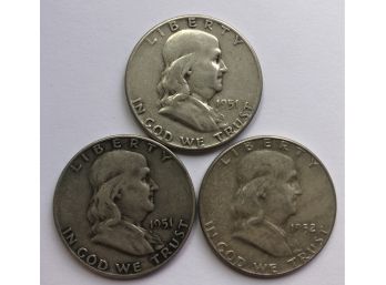 3 Franklin Half Dollars Consecutive Dated 1951, 1951 D, 1952