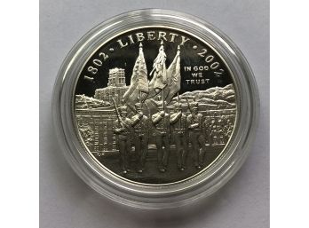 2002 US Military Academy Bicentennial Proof 1 Oz Fine Silver Dollar In Original Box