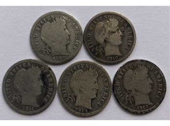 5 Barber Dimes Dated 1908 D, 1910, 1910 S, 1911, 1914