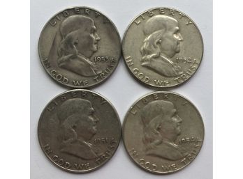 4 Consecutive Dated Franklin Half Dollars 1951, 1952, 1953, 1954
