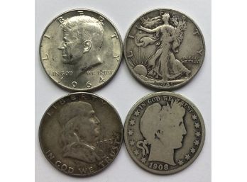 Combo Half Dollar Coins 1908 Barber, 1941 S Walker, 1952 S Frankin, 1964 Kennedy