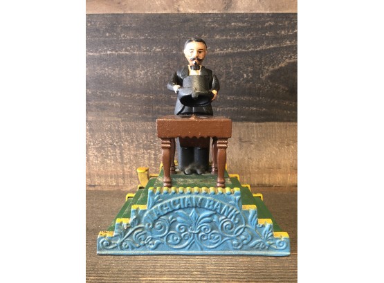 Vintage The Book Of Knowledge Magician Bank - Cast Iron Savings Toy Coin Bank Reproduction