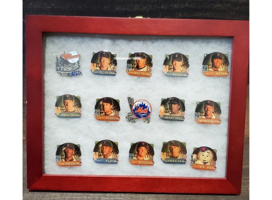 New York Mets- 12 Famous Players Full- Color Photo Pins In A Nice Framed Collection Display  -Plus 3 Team Pins
