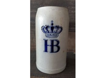 Vintage Tall Hof Brau Beer Stein,  Cobalt Blue 'HB' Under Crown Logo -old Salt Glaze Pottery - 1 Liter Germany