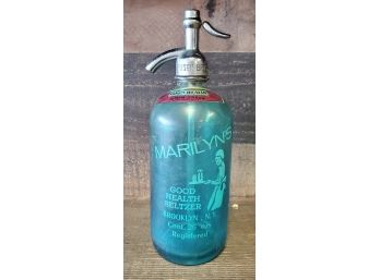 Antique Blue Glass Seltzer Bottle RARE Brand- Marilyn's Good Health Seltzer Brooklyn, N Y