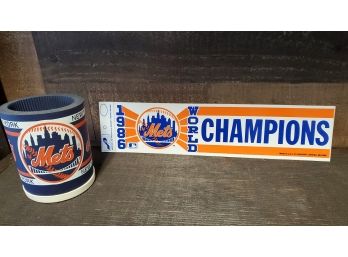 New York Mets 1986 World Champions Bumper Sticker & A New York Mets Colorful Drink Koozie