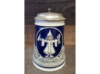 Vintage 'Old Gerz' Ceramic Lidded Stein Made In West Germany - Munchen (munich) With A Monk Serving Ale