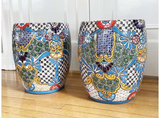 A Pair Of Hand Painted Mexican Glazed Terracotta Garden Seats