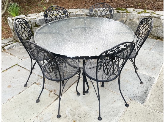 A Vintage Wrought Iron And Glass Dining Table And Set Of 6 Chairs, 'Chantilly Rose' By Woodard