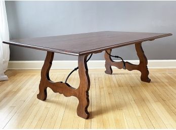 A Vintage Hardwood Trestle Table With Wrought Iron Details