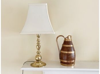 A Vintage Brass Lamp And Wood Pitcher