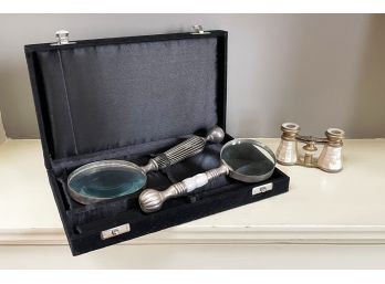 19th Century Opera Glasses And Magnifying Glass Set - Silver And Mother Of Pearl
