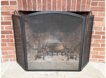 A Cast Iron And Mesh Modern Fireplace Screen