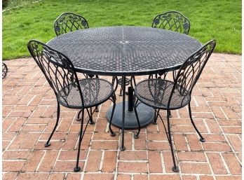 A Vintage Wrought Iron And Mesh Top Dining Table And Set Of 4 Chairs, 'Chantilly Rose' By Woodard