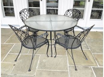 A Vintage Wrought Iron And Glass Dining Table And Set Of 4 Chairs, 'Chantilly Rose' By Woodard (1 Of 2)