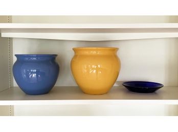 A Pair Of Ceramic Planters And A Cobalt Plate