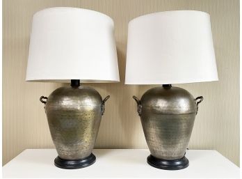 A Pair Of Modern Hammered Alloy Lamps