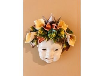 Vintage Italian Pottery Face Mask With Floral And Leaf Motif