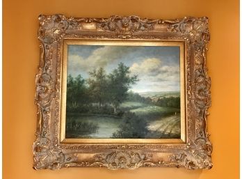 Amazing Pasture Scene Oil On  Canvas In Gilt Frame