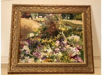 Beautiful Floral Oil Painting Titled Riverside Ave In Gilt Frame