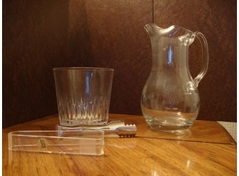 Etched Glass Pitcher And Glass Ice Bucket With Tongues
