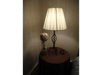 Metal Lamp, Faux Topiary Tree And Clock On Top Of Table
