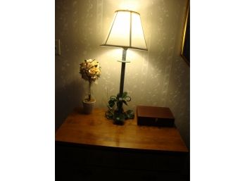 Metal Lamp, Topiary Faux Tree And Box On Top Of Dresser